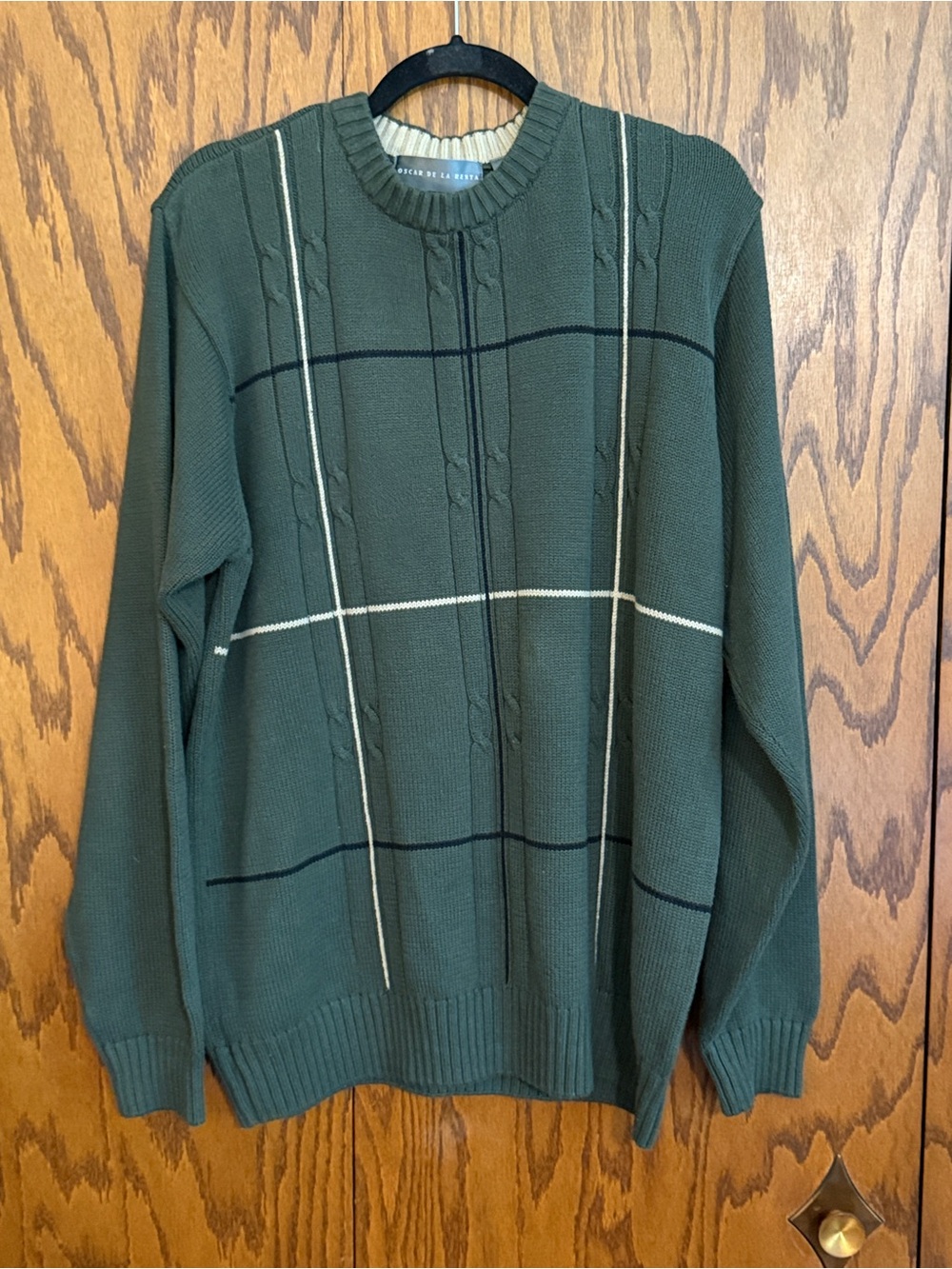 Vintage Oscar de la Renta Green Windowpane Plaid Cable Knit Sweater